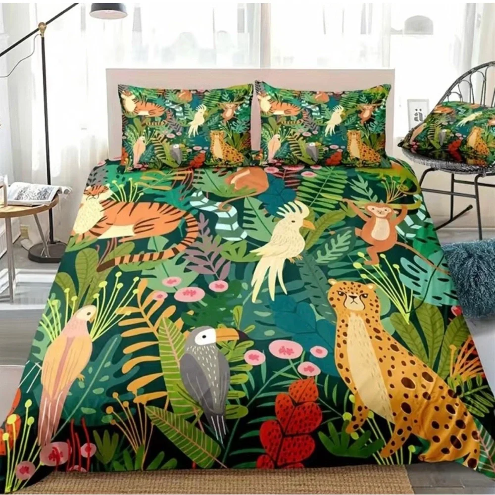Kids Twin Size Duvet Cover Set Green Jungle Animals Print 1 Pillowcase NEW
